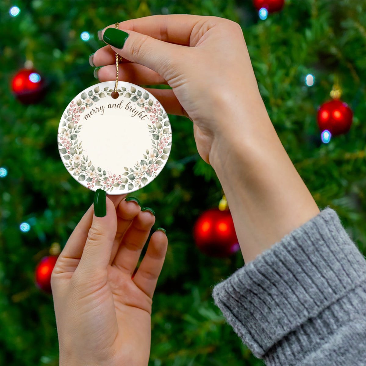 Merry & Bright Christmas Ornament | Pink Watercolor Holiday Ornament | Cute Christmas Decor
