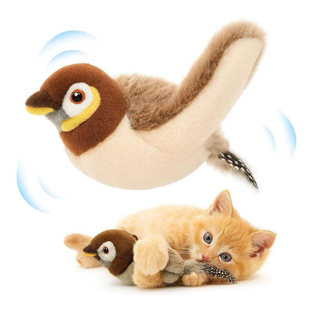 USB Rechargeable Flapping Bird Cat Toy with Catnip – Motion-Activated Chirping Sparrow (Brown)