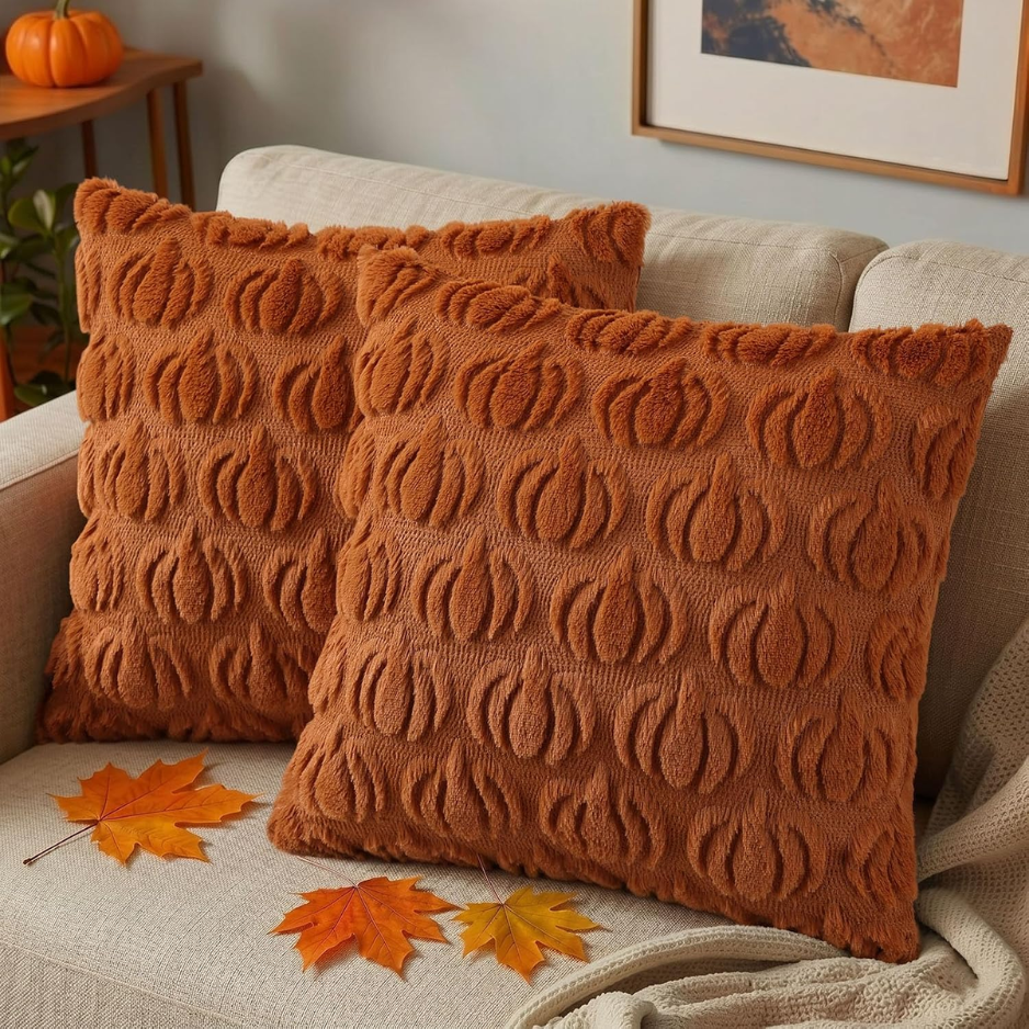 Light Rust Pumpkin Throw Pillow Covers 18x18 Set Of 2