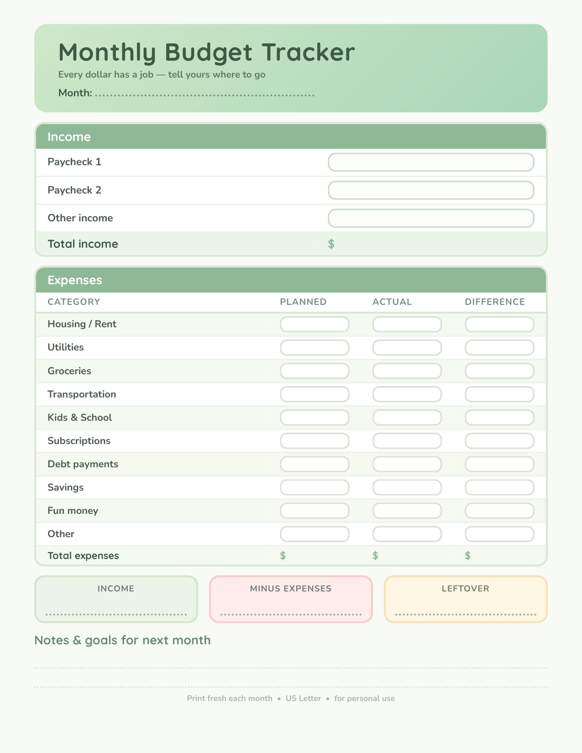 Monthly Budget Tracker