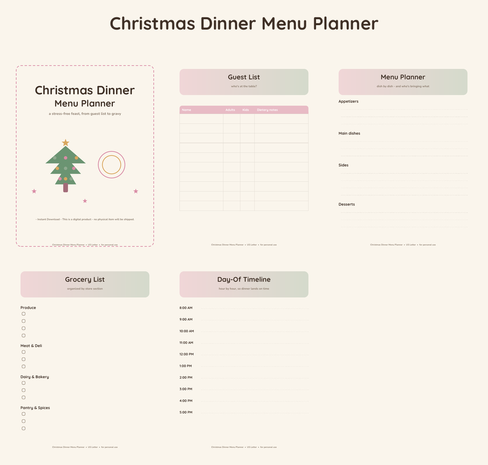 Christmas Dinner Menu Planner - Blush & Sage