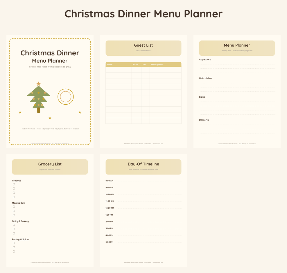 Christmas Dinner Menu Planner - Golden Glow
