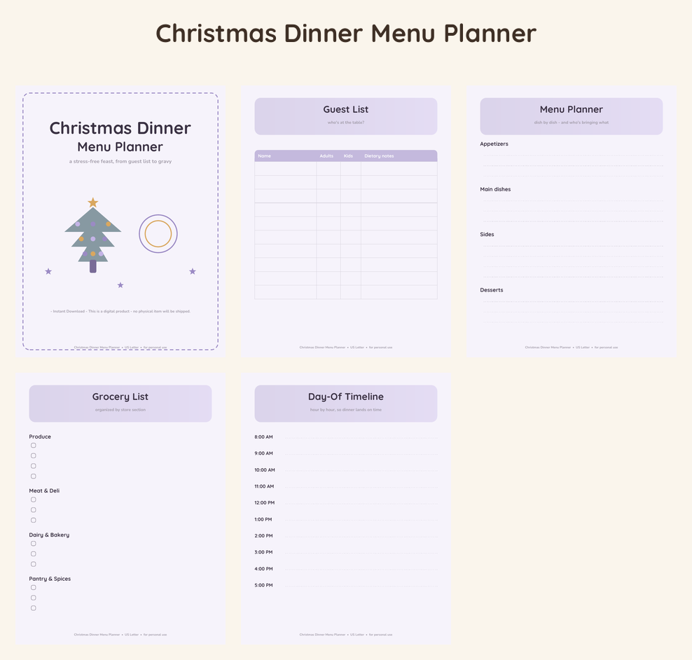 Christmas Dinner Menu Planner - Lavender Dream