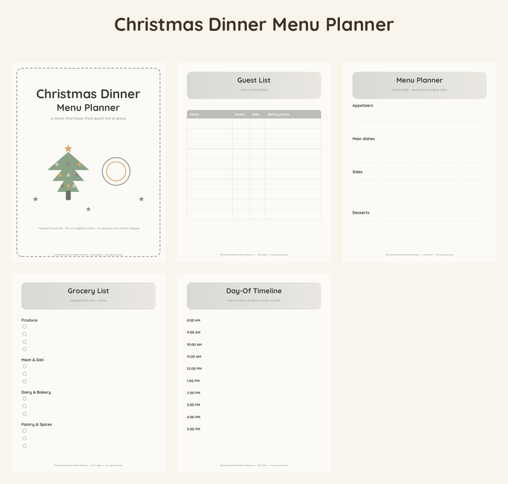 Christmas Dinner Menu Planner - Neutral Linen