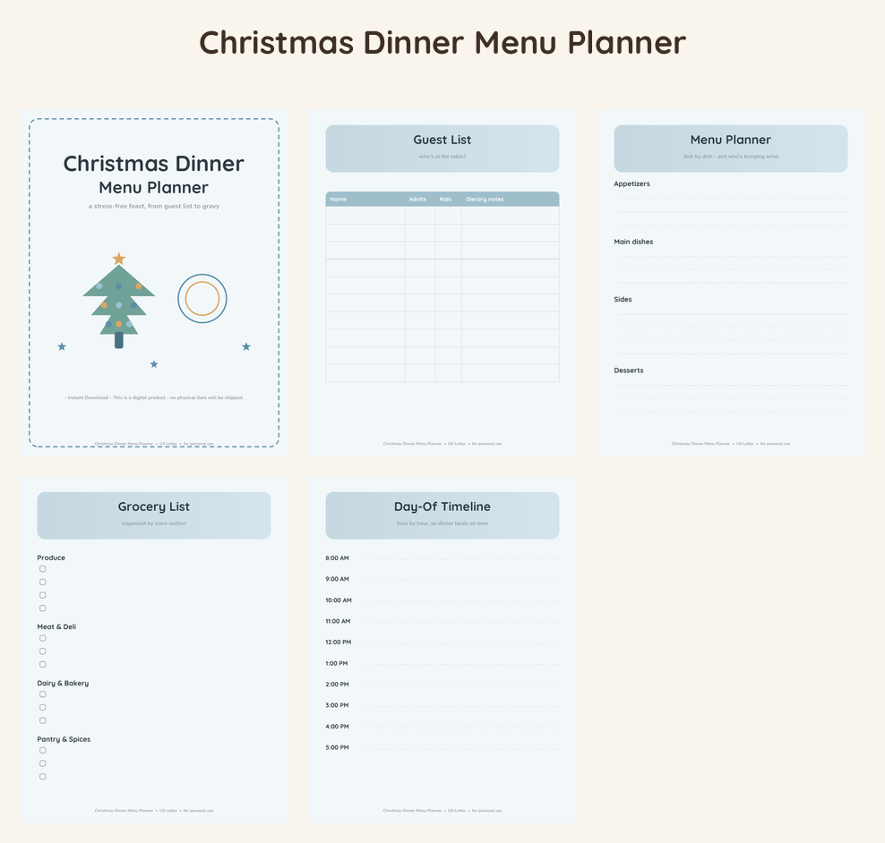 Christmas Dinner Menu Planner - Ocean Calm