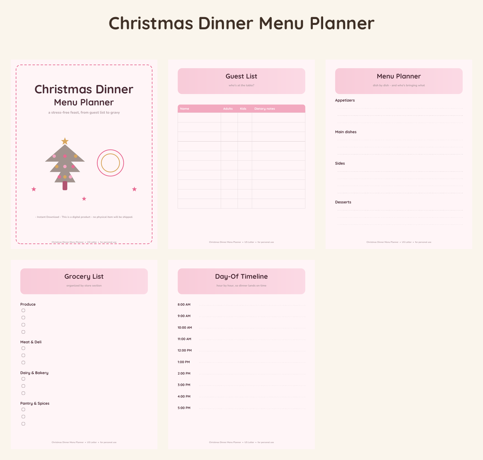 Christmas Dinner Menu Planner - Pretty in Pink