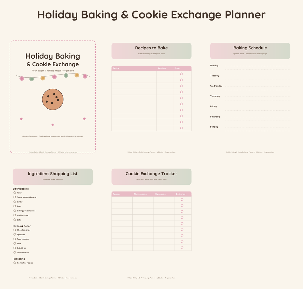 Holiday Baking & Cookie Exchange Planner - Blush & Sage