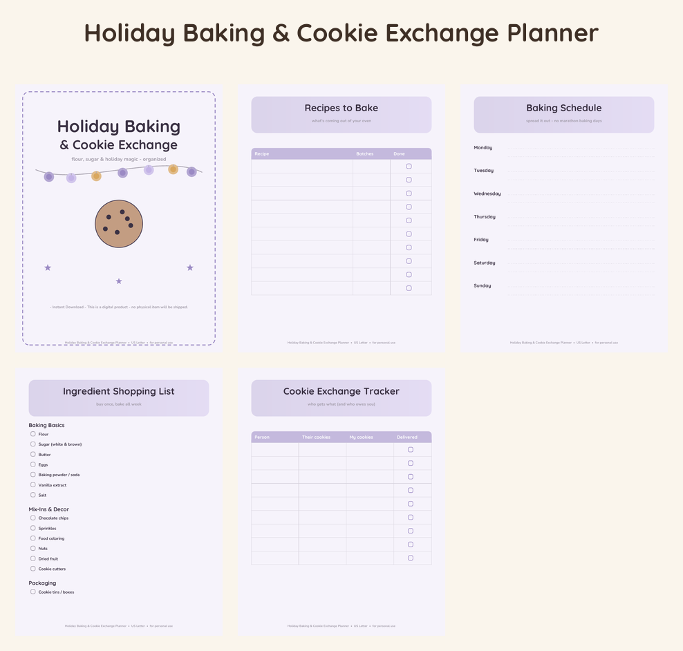 Holiday Baking & Cookie Exchange Planner - Lavender Dream