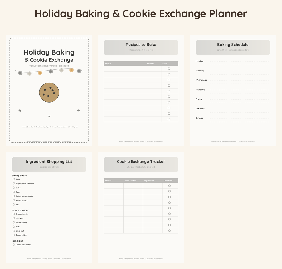 Holiday Baking & Cookie Exchange Planner - Neutral Linen