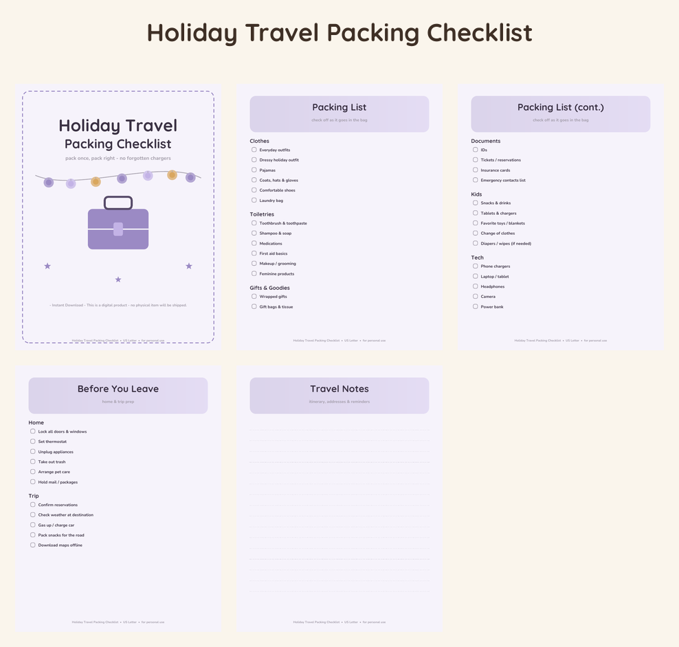 Holiday Travel Packing Checklist - Lavender Dream