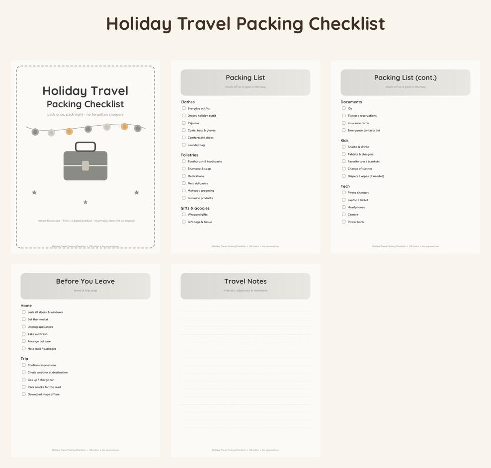 Holiday Travel Packing Checklist - Neutral Linen