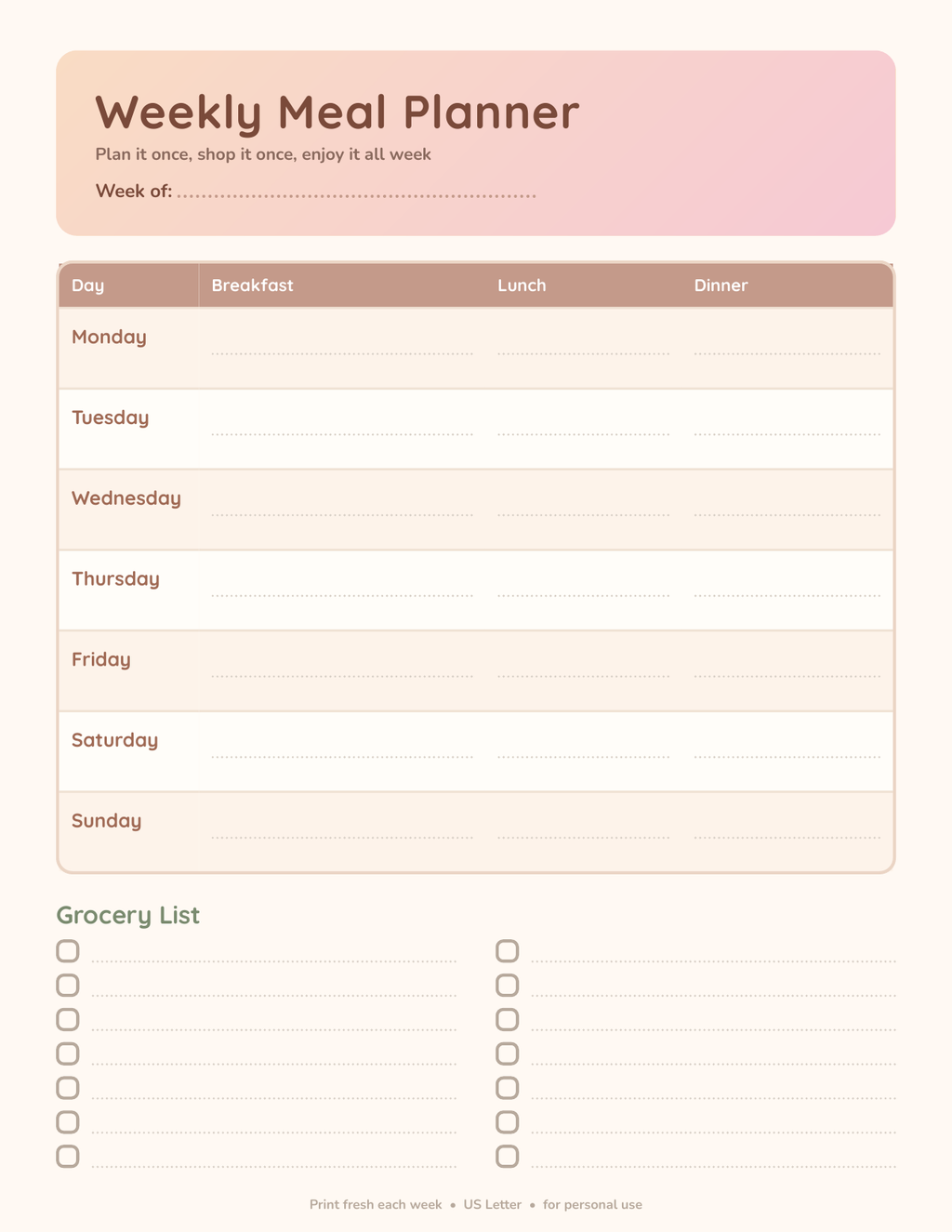 Weekly Meal Planner + Grocery List
