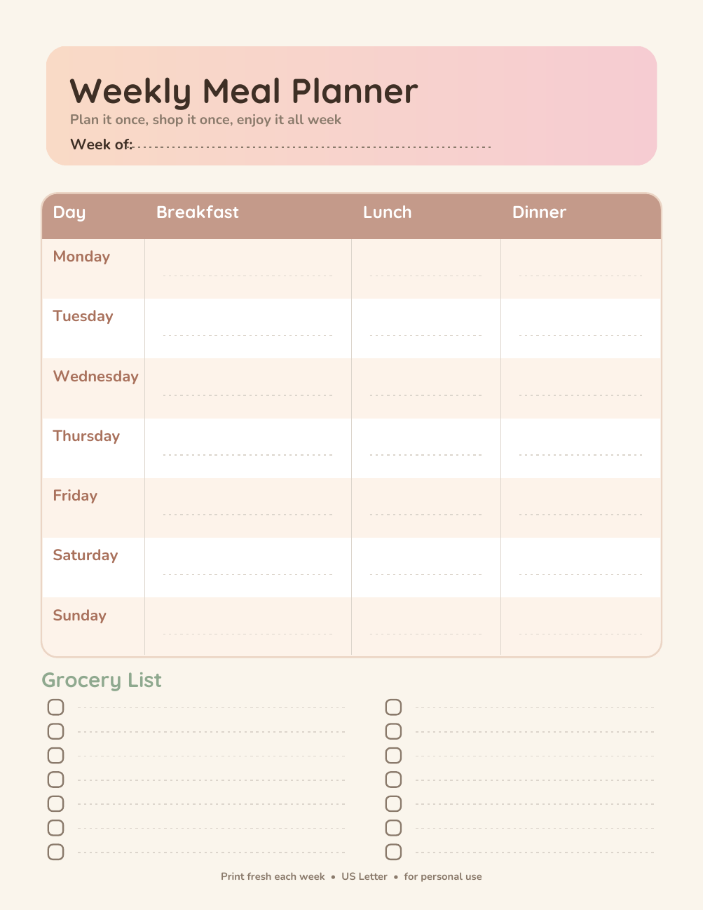 Weekly Meal Planner + Grocery List