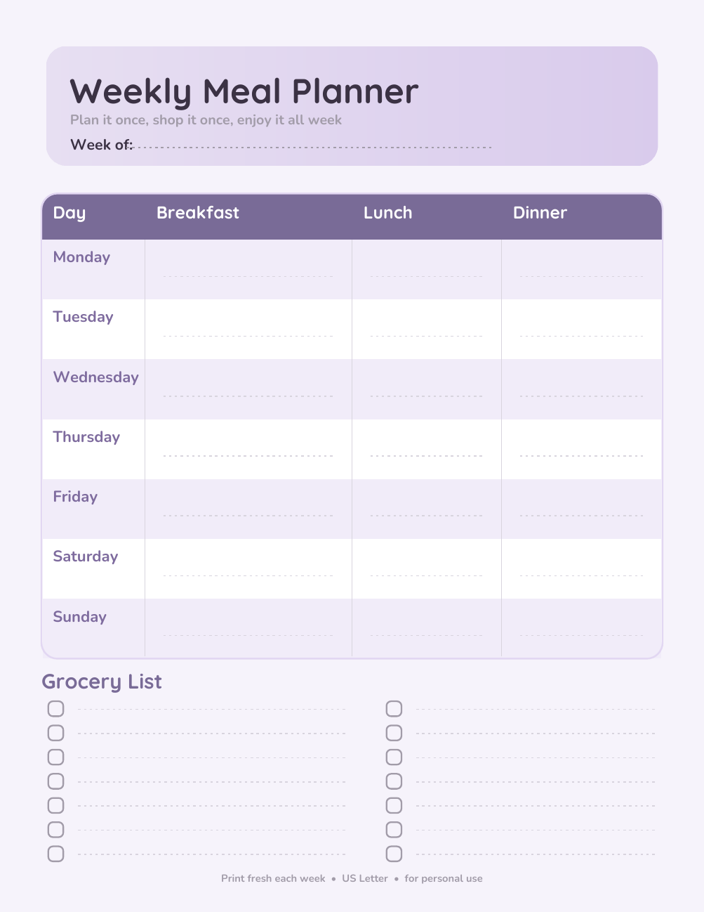 Weekly Meal Planner + Grocery List