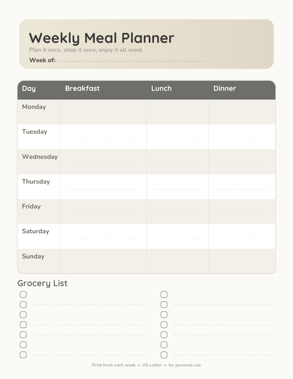 Weekly Meal Planner + Grocery List