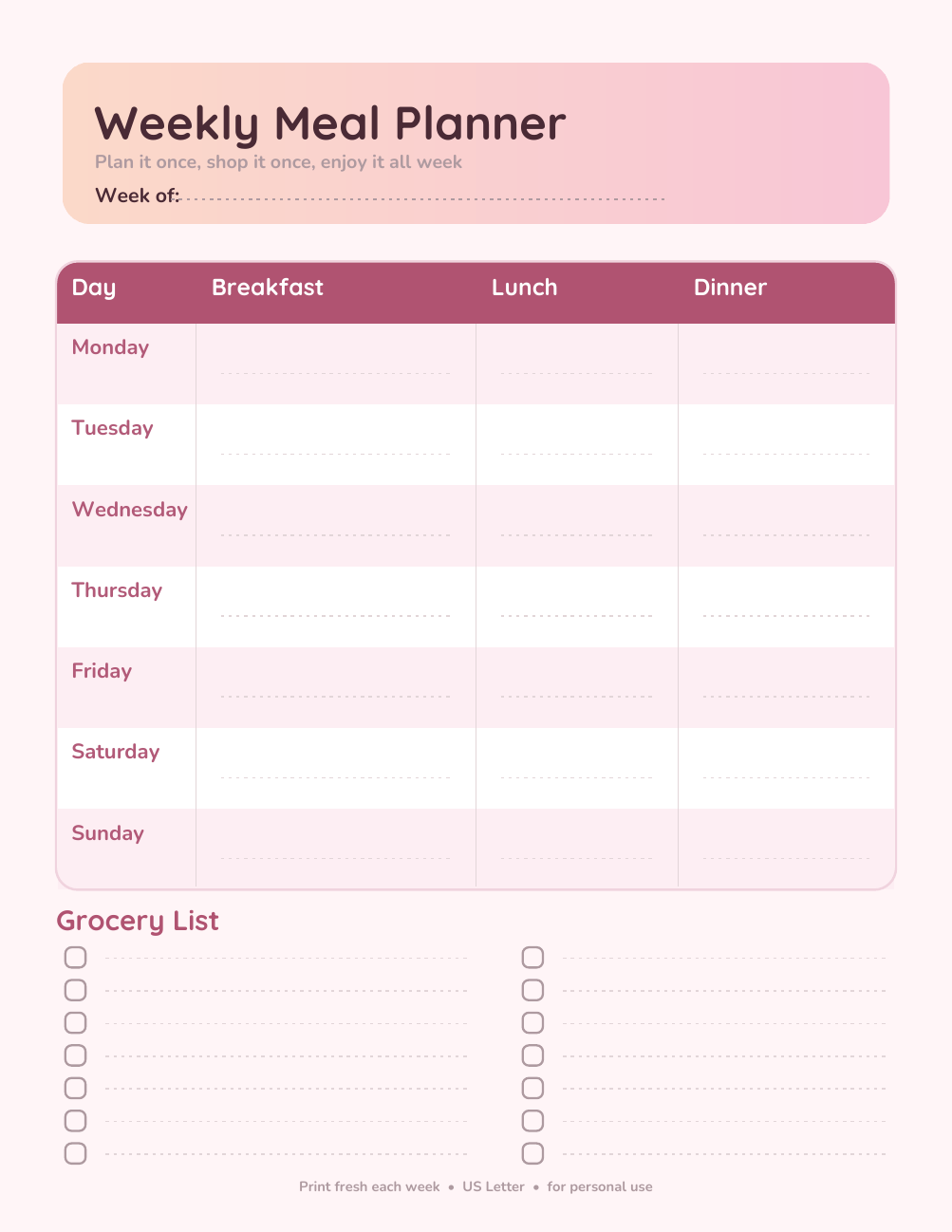 Weekly Meal Planner + Grocery List