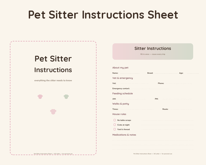 Pet Sitter Instructions Sheet
