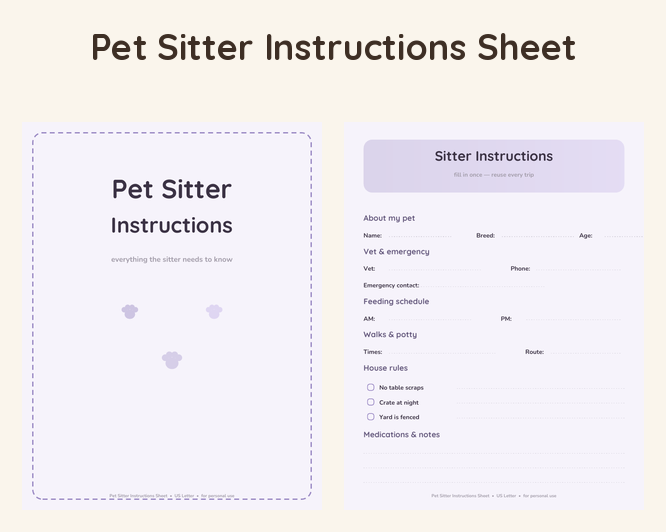 Pet Sitter Instructions Sheet