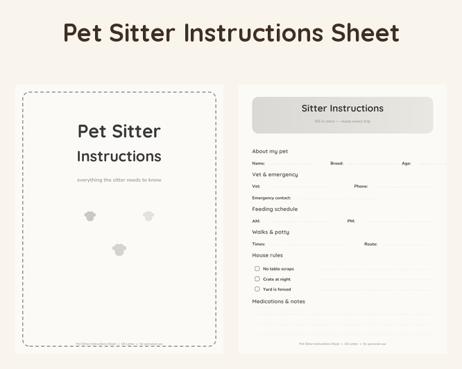 Pet Sitter Instructions Sheet