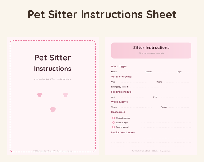 Pet Sitter Instructions Sheet