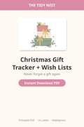 Christmas gift tracker and wish lists printable graphic with festive holiday design