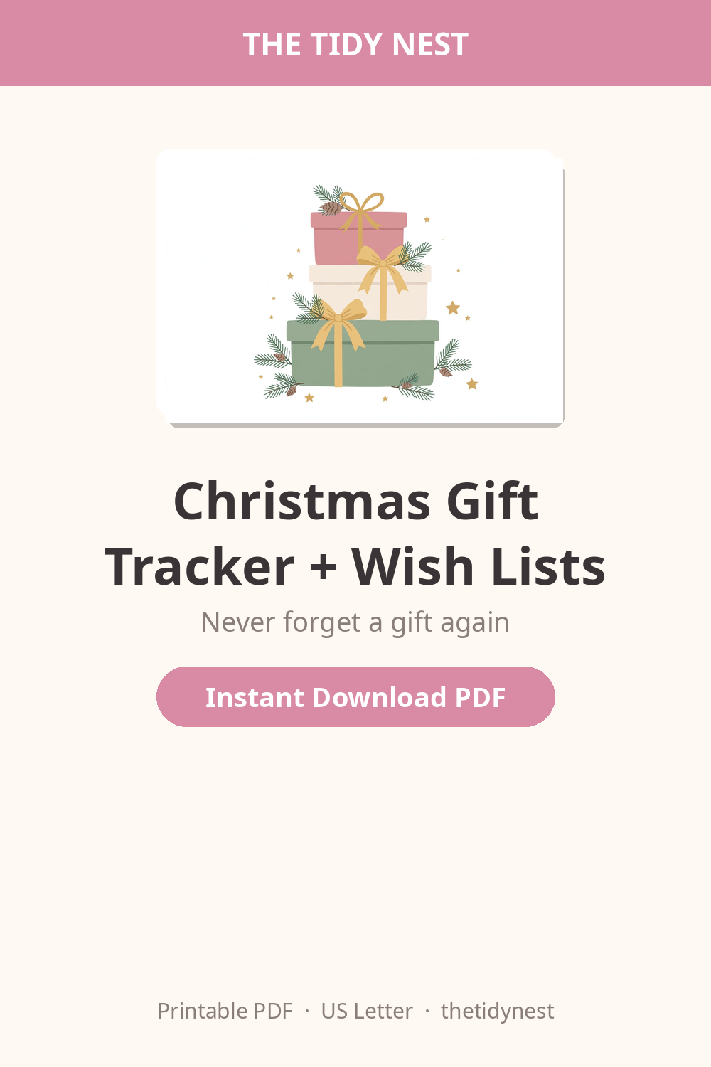 Christmas gift tracker and wish lists printable graphic with festive holiday design