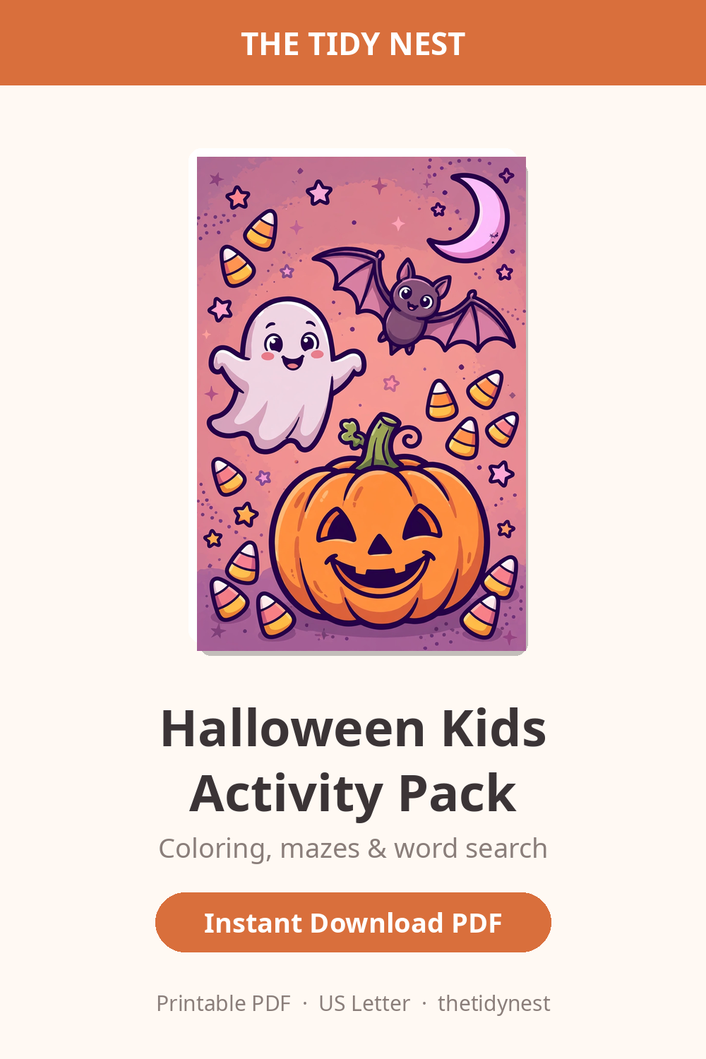 Promotional graphic for printable Halloween kids activity pack with coloring pages, mazes and word search