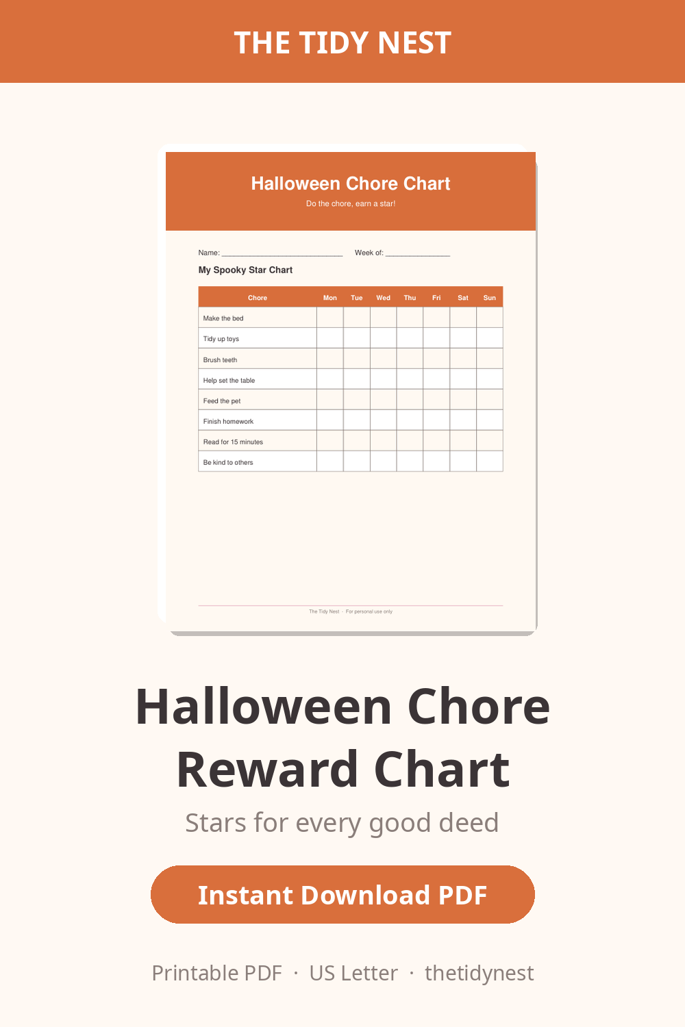 Halloween chore reward chart printable for kids with spooky stars and orange background