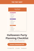 Halloween party planning checklist printable graphic with decorations, food and guest planning