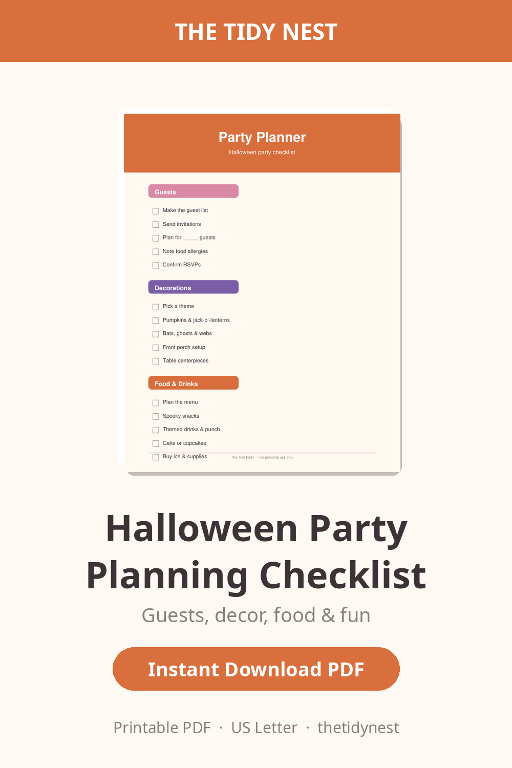 Halloween party planning checklist printable graphic with decorations, food and guest planning