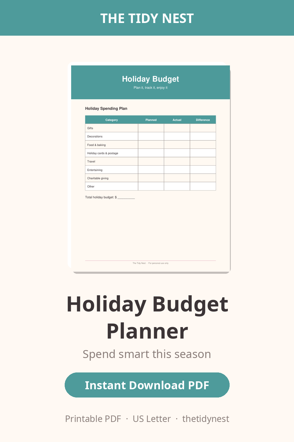 Holiday budget planner printable graphic for tracking Christmas spending