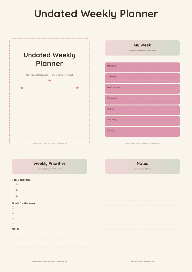 Undated Weekly Planner