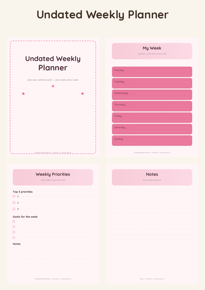Undated Weekly Planner