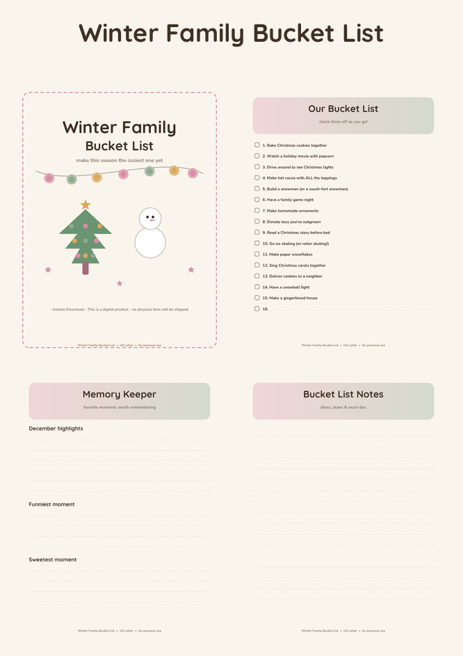 Winter Family Bucket List - Blush & Sage