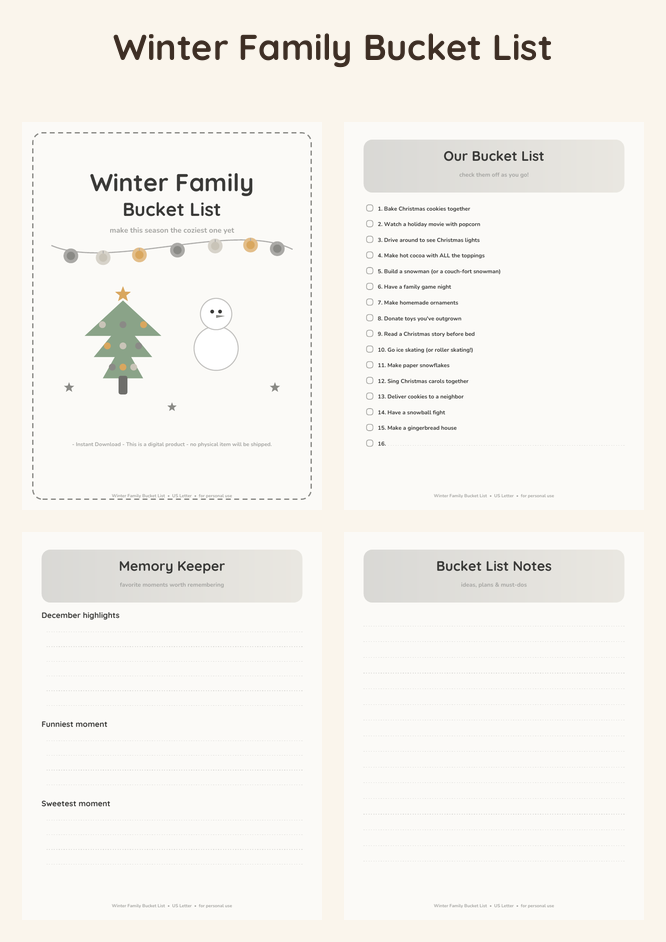 Winter Family Bucket List - Neutral Linen